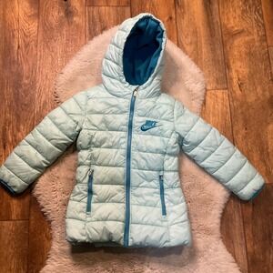 Nike Puffer Coat Size XS 4‎ Girls With Hood Insulated Winter Teal Blue Kids
